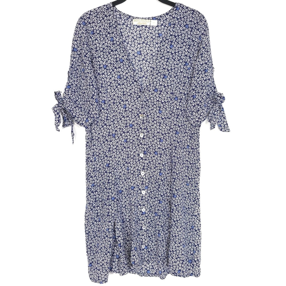 Anthropologie‎ BEACHGOLD Women Shirt Button Dress MEDIUM Floral Vneck Tie Sleeve